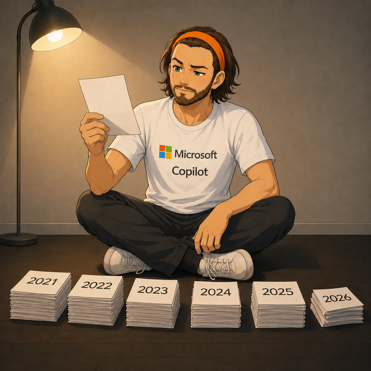 Zittend op de vloer tussen papierstapels, één blad omhoog, sceptische blik