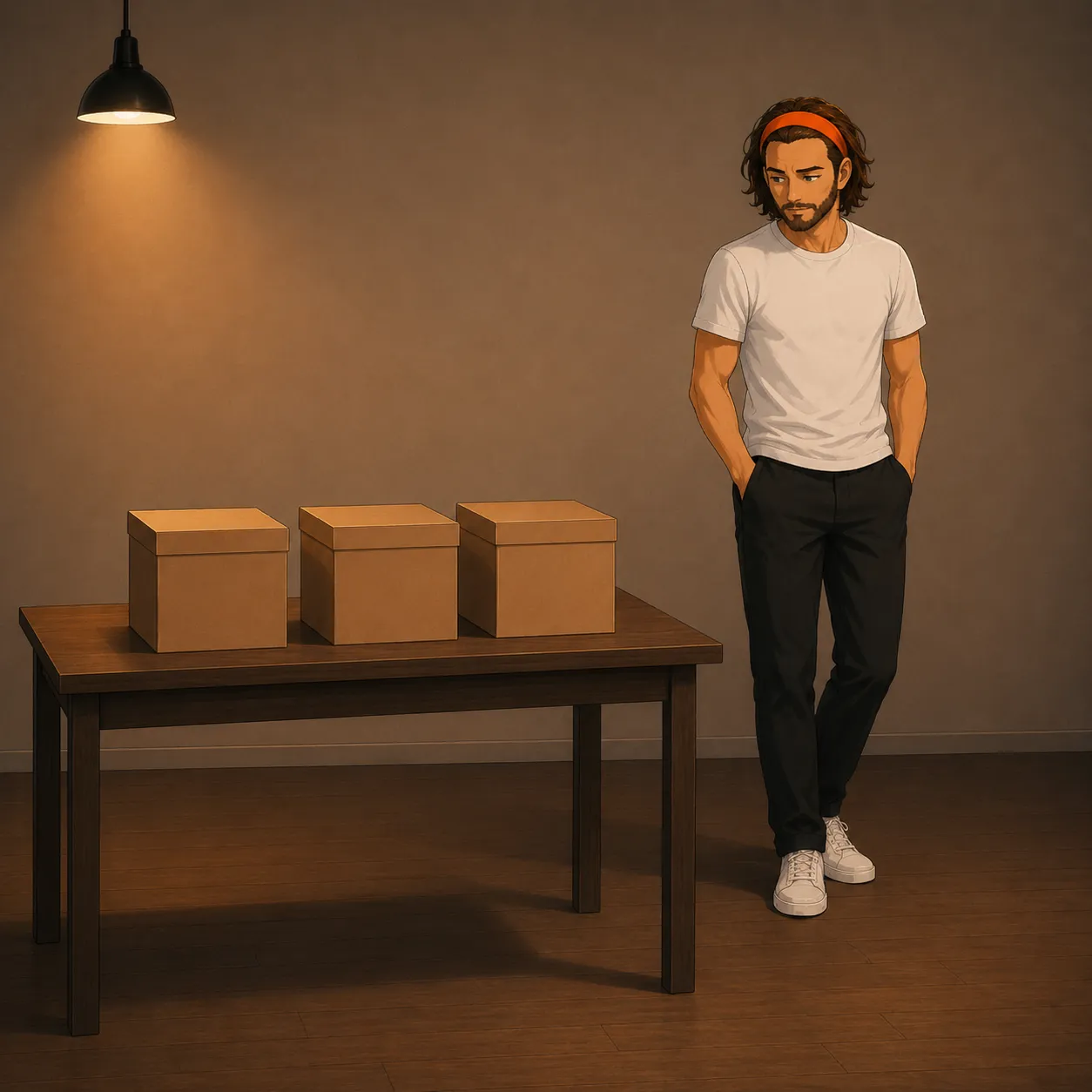 Bij een tafel met drie identieke gesloten dozen, handen in de zakken