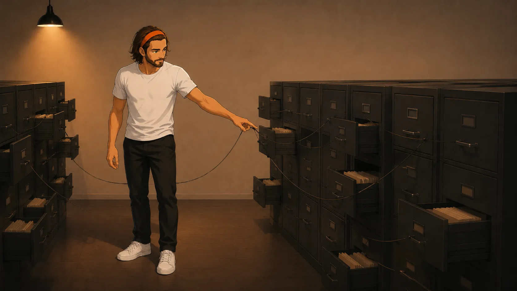 In een archiefruimte met halfopen laden waartussen dunne draden lopen