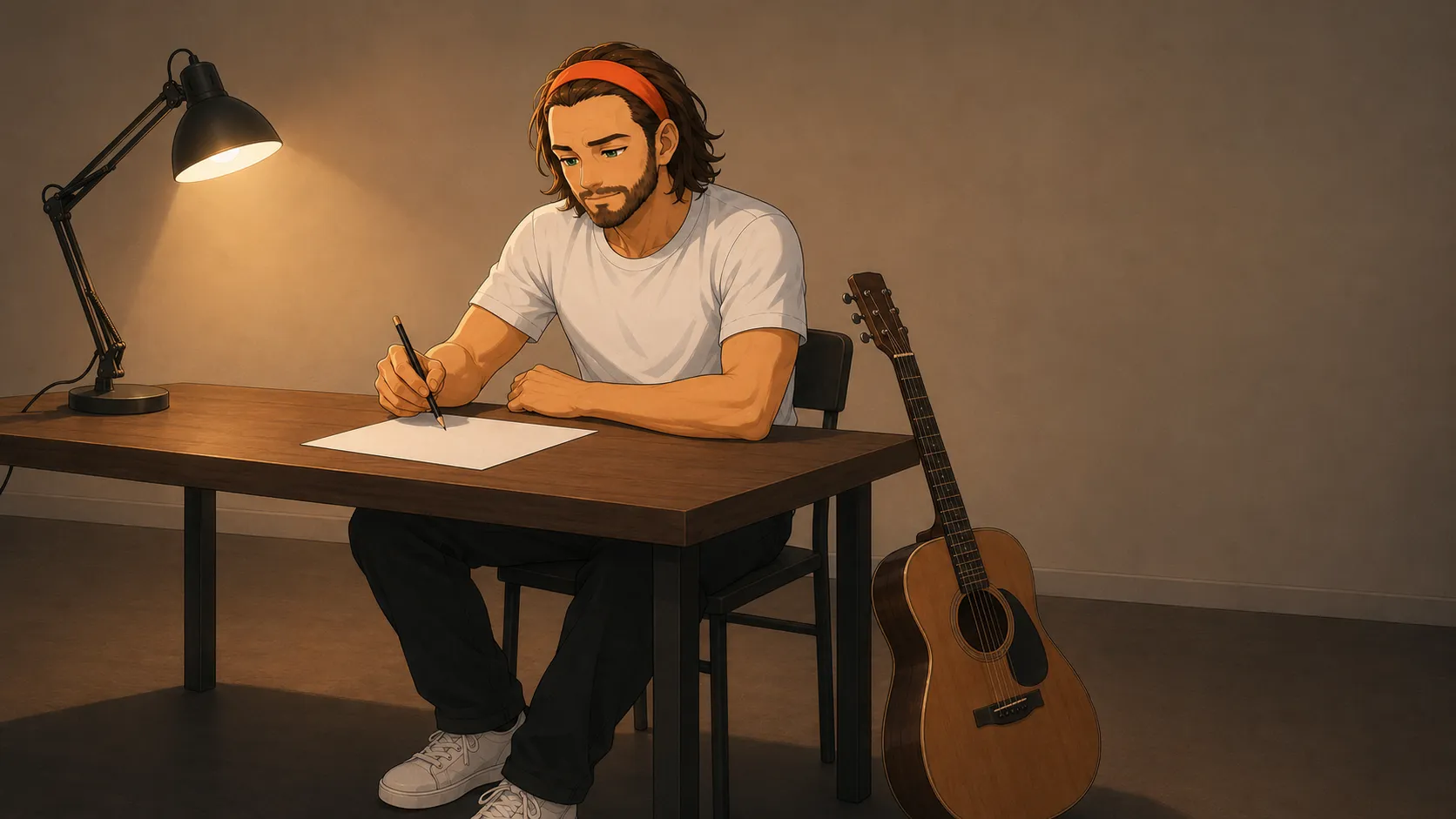 Aan een tafel met potlood boven papier, een gitaar tegen de tafel