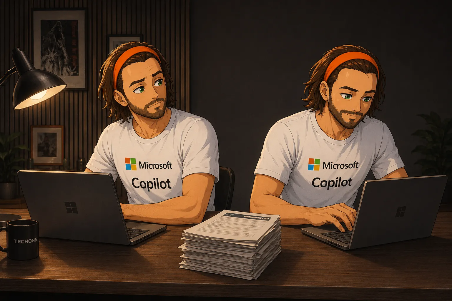 Twee identieke versies van hetzelfde personage achter dezelfde laptop