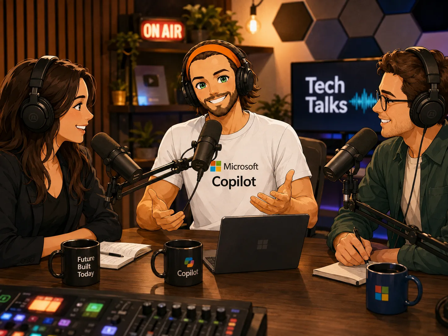 Aan tafel in een podcaststudio met twee gasten