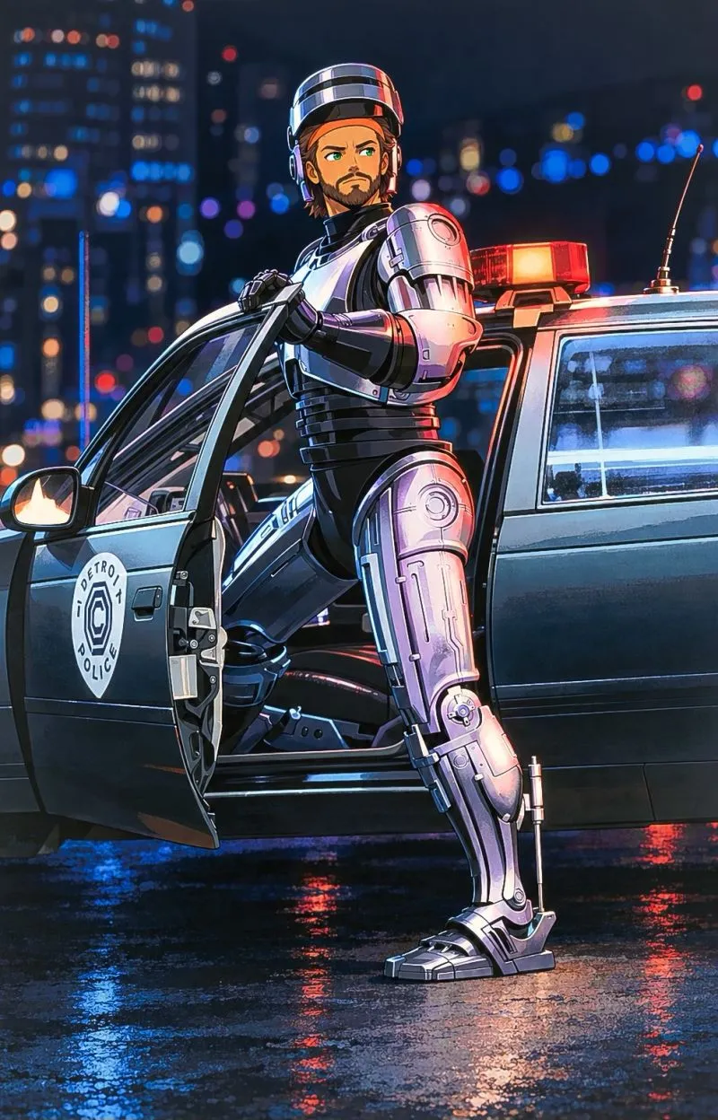 In a silver robot suit beside an open police car, in a city at night